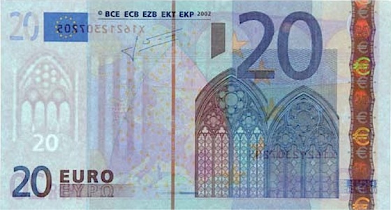 Banconota da 20 euro con ben visibili i disegni in filigrana chiaroscuro